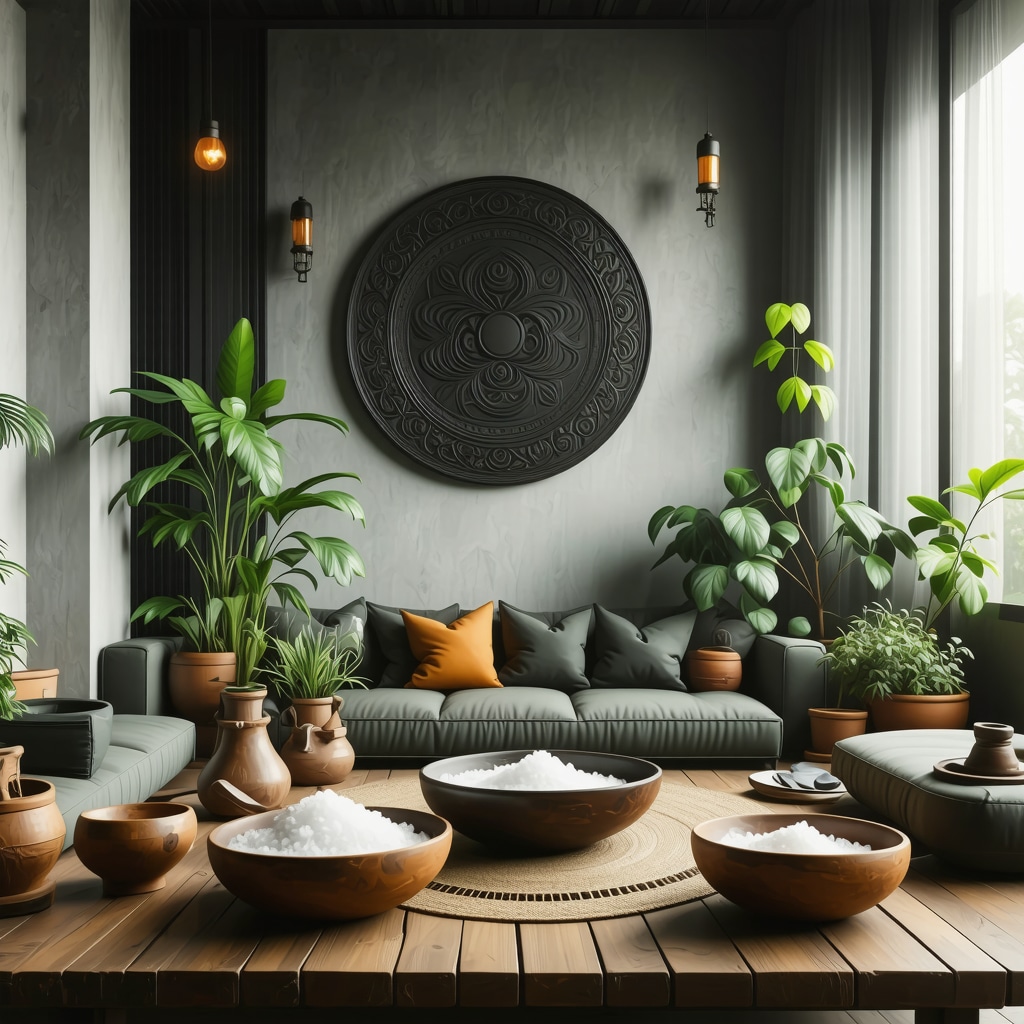 Modern home integrating traditional protective symbols Interior of a modern home with traditional protective agüeros and contemporary decor