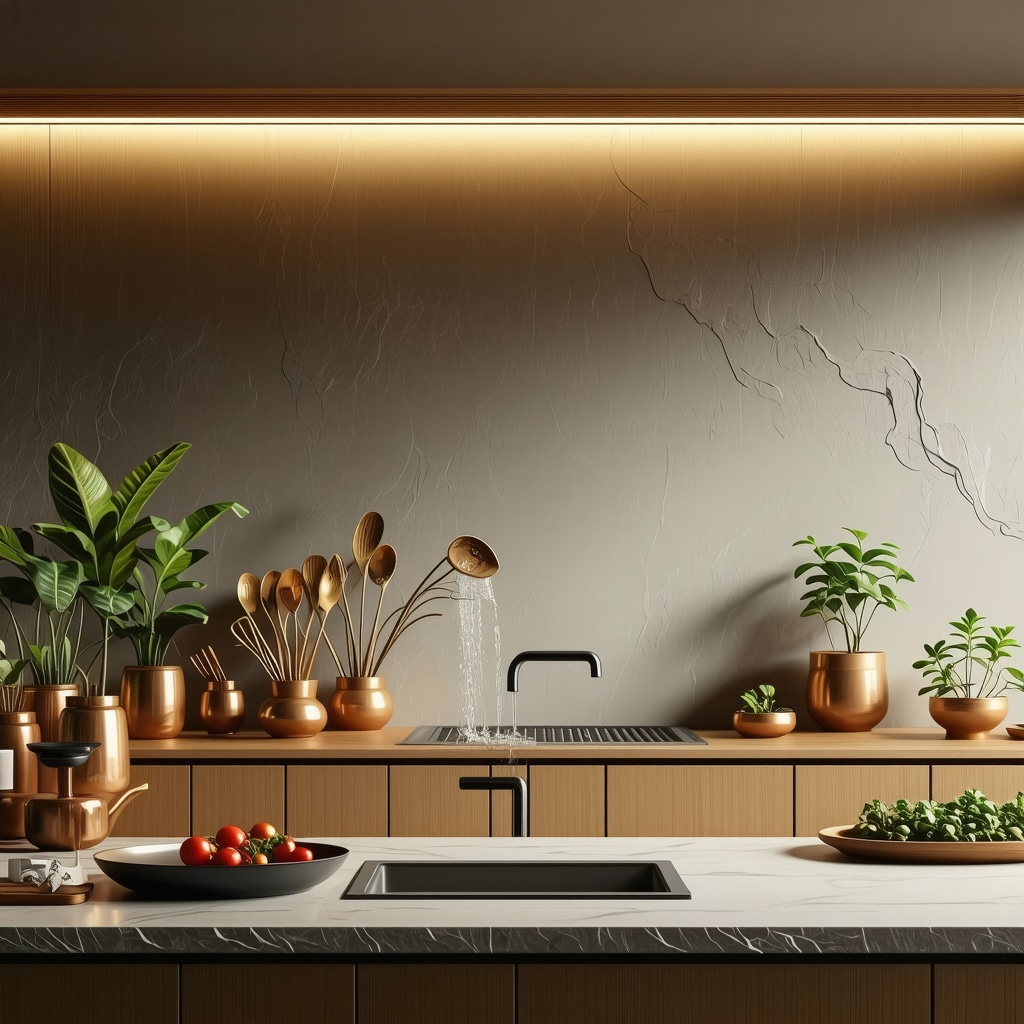 Modern kitchen with wood, stone, smart lighting, plants, copper utensils, and water fountain symbolizing prosperity