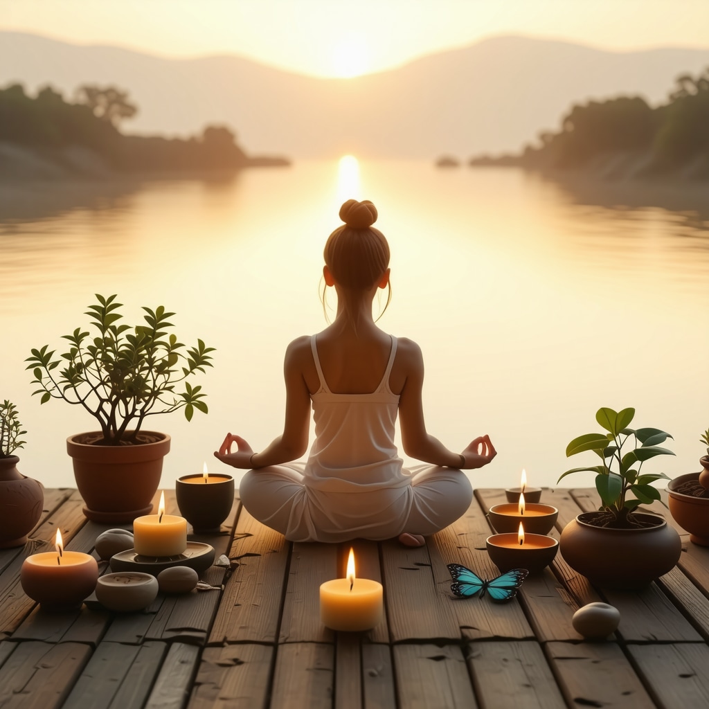 Person meditating at sunrise with candles, jade plant and butterfly symbols