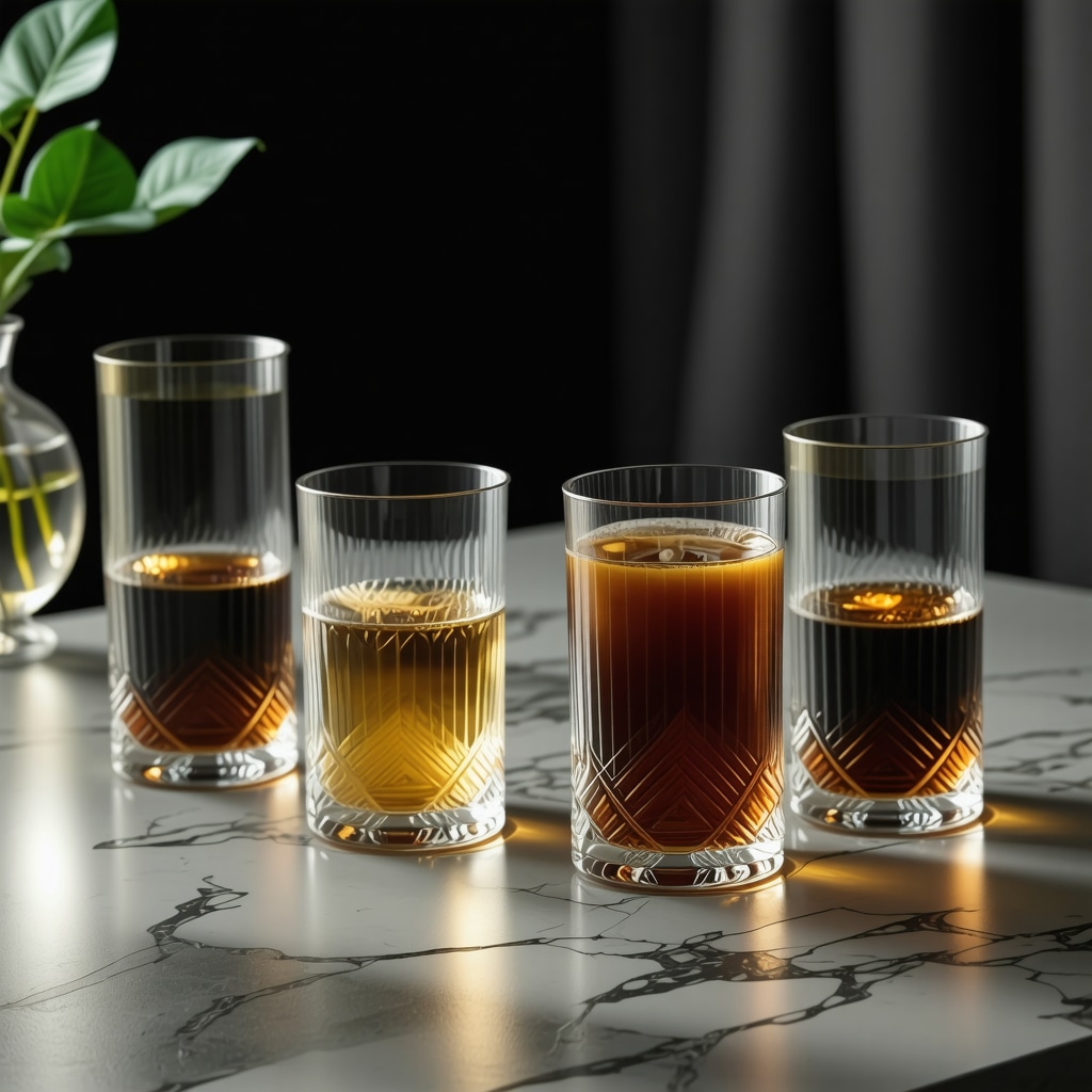 Setup showing traditional ritualistic symbols on glassware, ambient music notes, and scent diffusion enhancing beverage experience