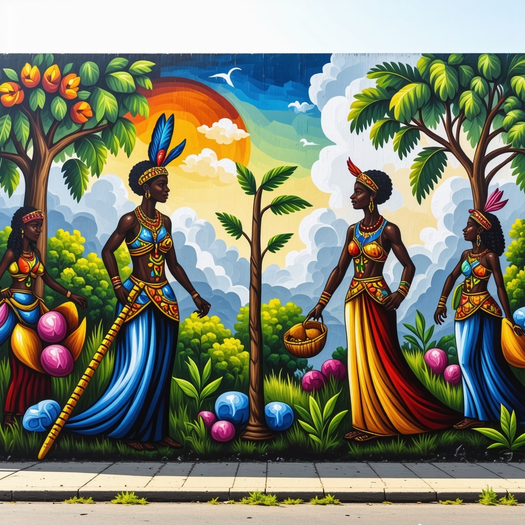 Colorful mural showing La Siguanaba and El Cadejo blending ancestral mythology with urban culture in El Salvador