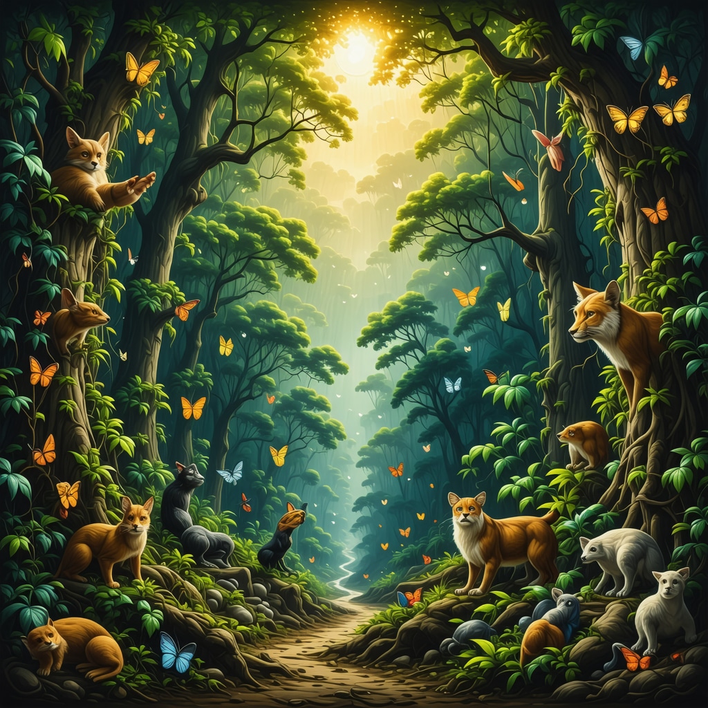 A lush Costa Rican forest with hidden symbols and animals representing cultural legends.