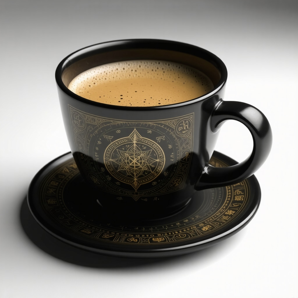 A coffee cup with mystical symbols and intricate patterns