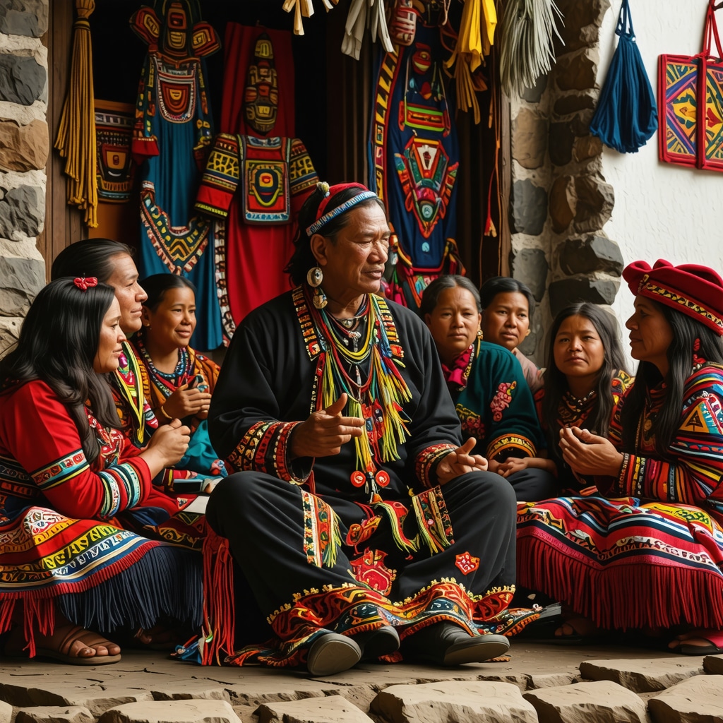Narrador andino en escenario tradicional con público escuchando leyendas urbanas peruanas
