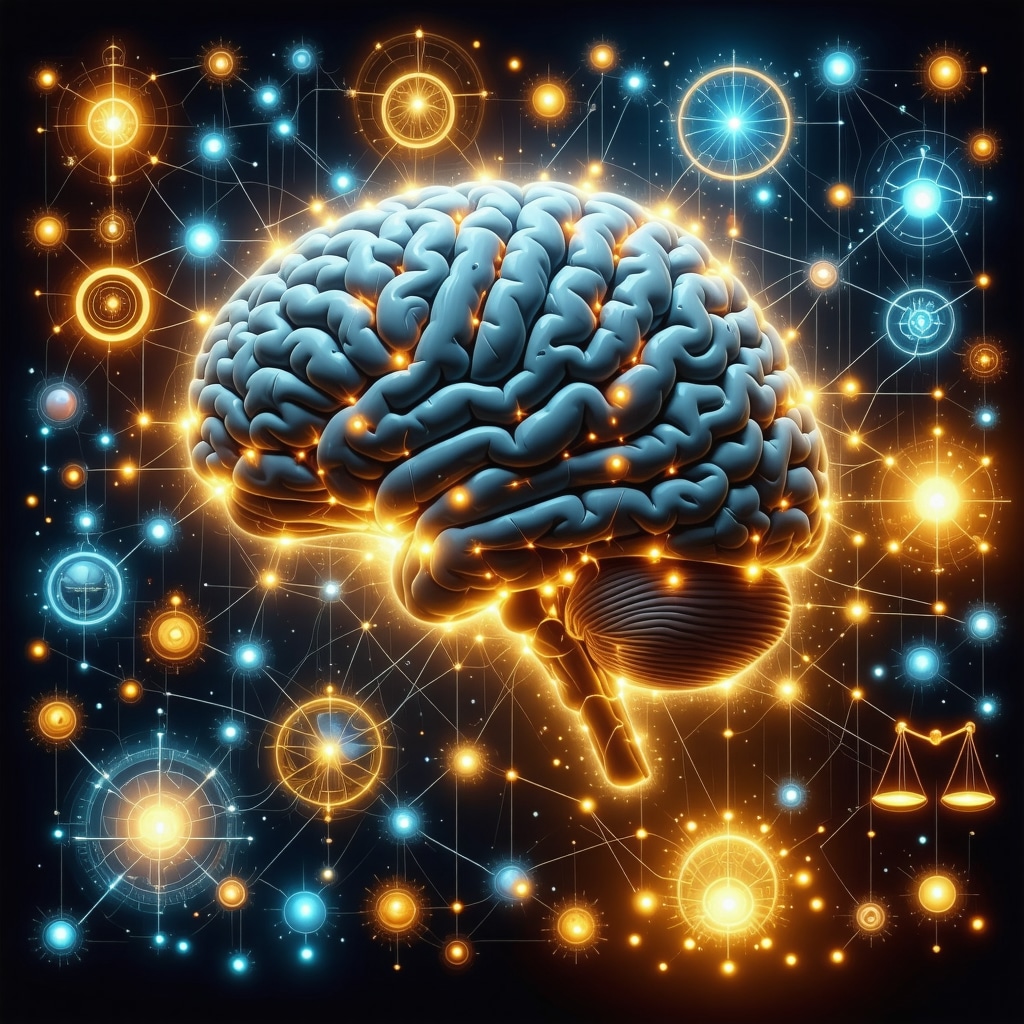 Digital illustration of brain with neural connections linking cultural symbols and ethical scales representing neuroscience and ethics in urban superstitions