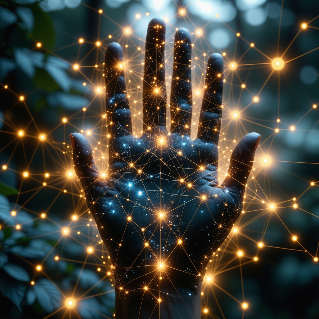 Representación artística del símbolo Hamsa con superposición de redes neuronales, ilustrando la conexión entre cultura y neurociencia