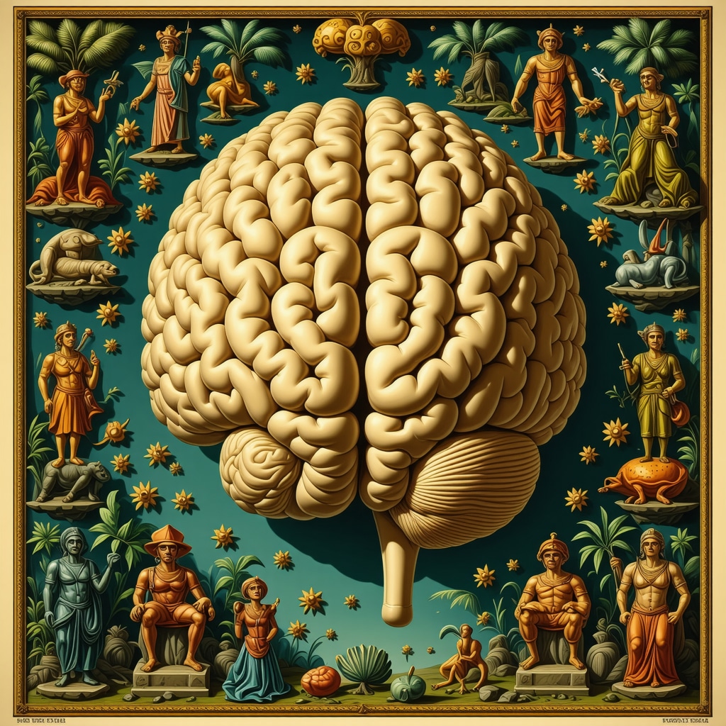 Ilustración del cerebro humano con áreas activas relacionadas con supersticiones y motivos culturales hondureños de fondo