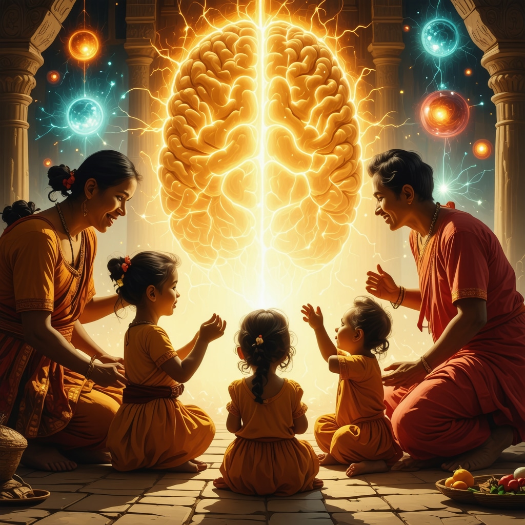 Illustration showing Colombian family engaging in superstition rituals with brain activity highlights