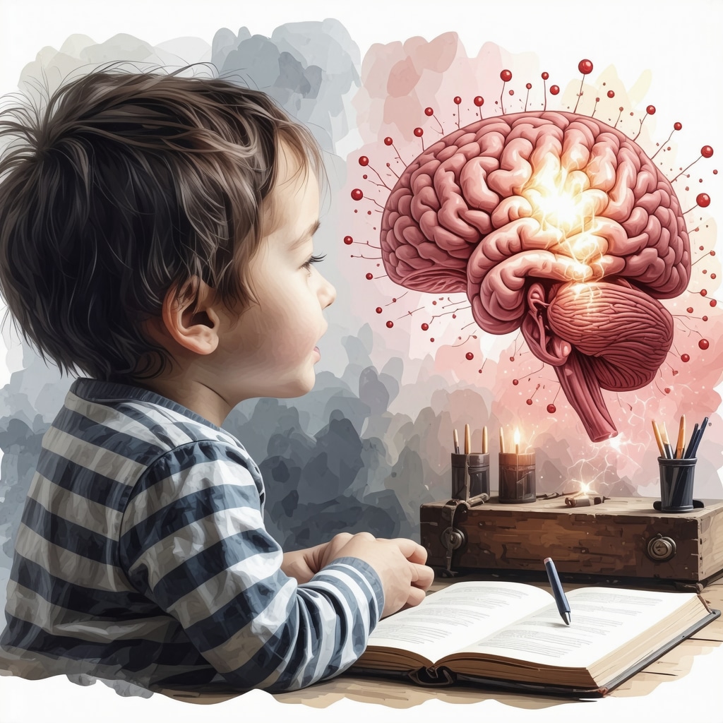 Child listening to horror legend with brain areas highlighted