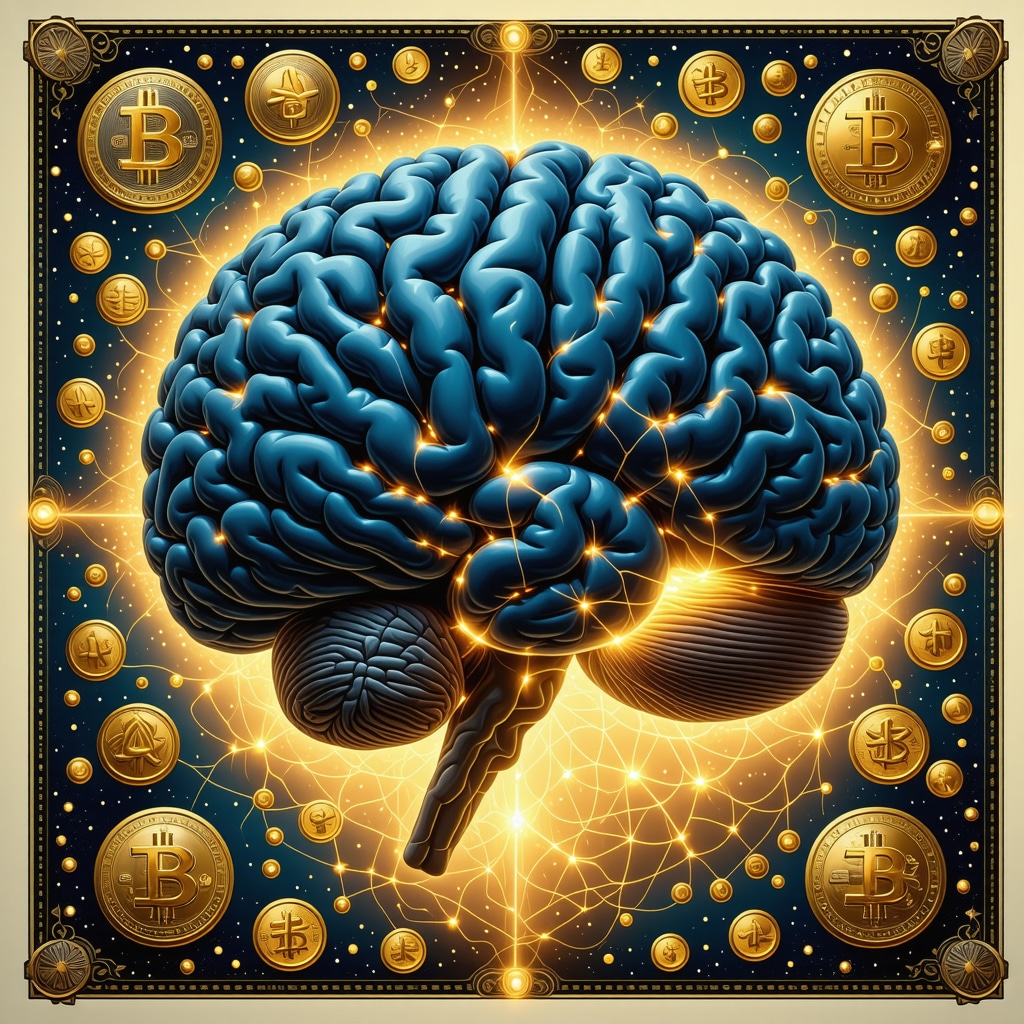 Brain with neural pathways and traditional prosperity symbols like coins and amulets