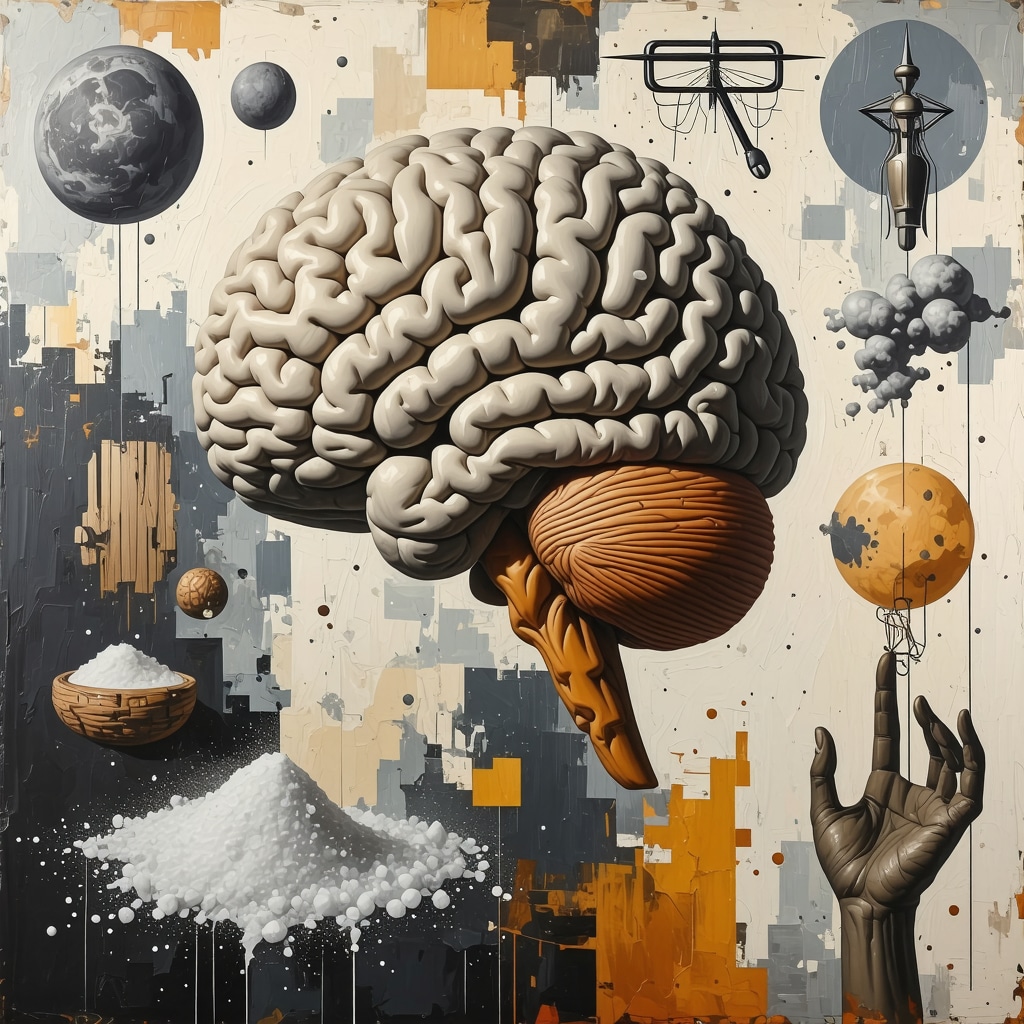 Illustration of brain neural circuits combined with Russian superstition symbols in a modern context