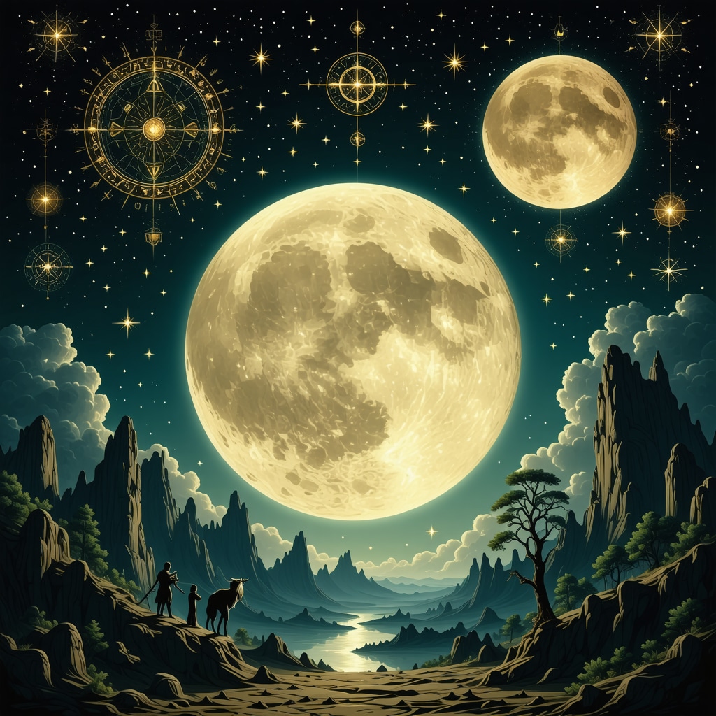 A detailed illustration of a full moon over a traditional ritual setting with cultural symbols.