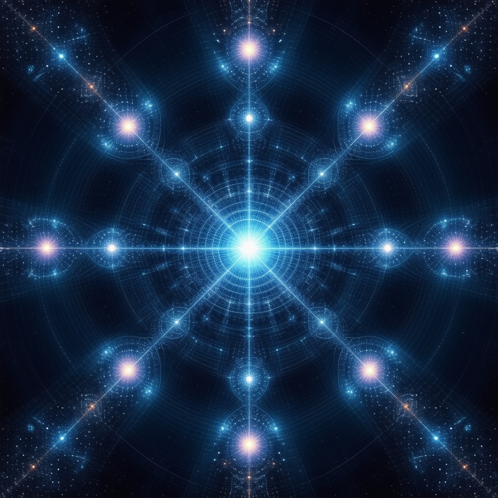 Imagem de fractais complexos e padrões de energia vibracional, arte de meditação com fractais, representação visual de estruturas quânticas