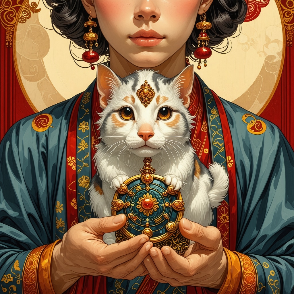 A person holding a vibrant amulet with a lucky animal symbol, detailed and colorful