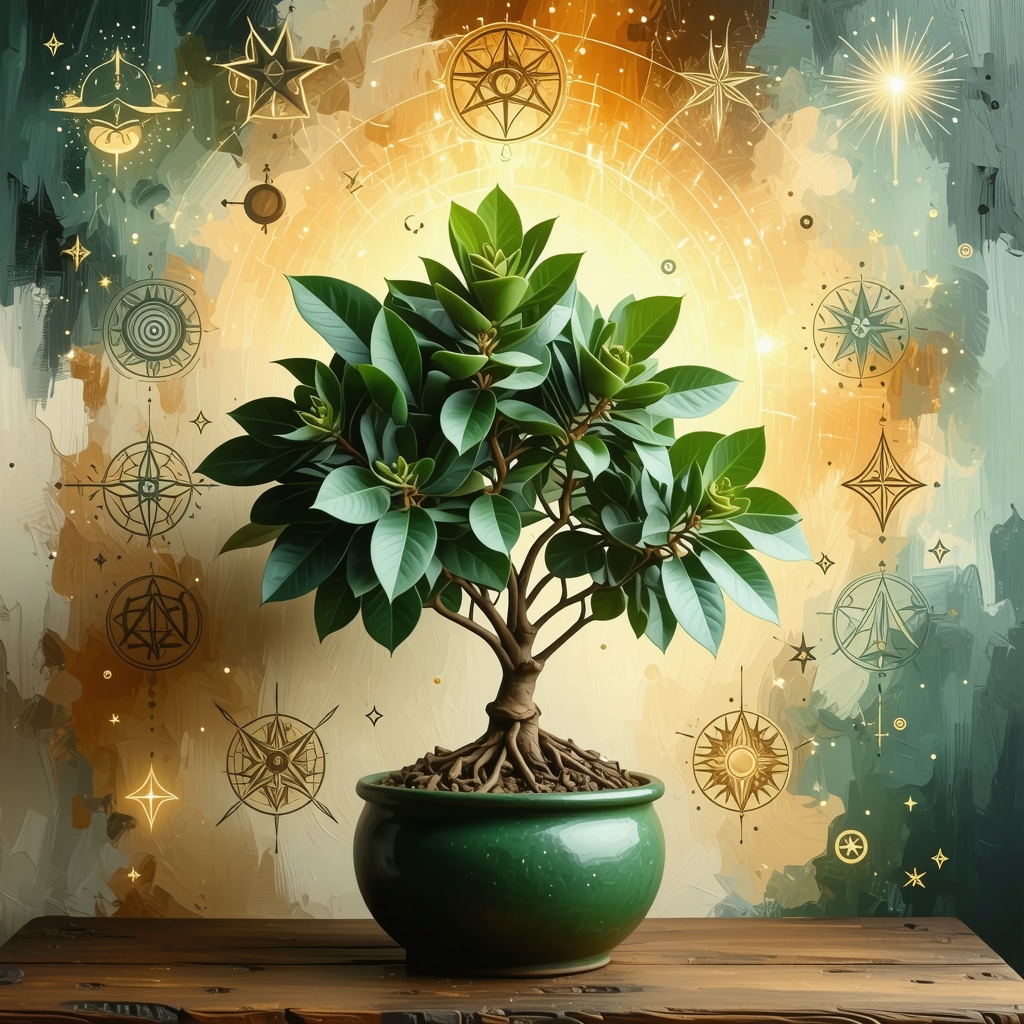 Indoor plant surrounded by mystical symbols symbolizing spiritual energy