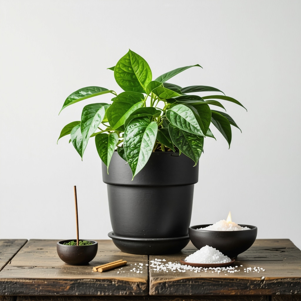 Vibrant pothos plant on wooden table with lit incense and sea salt bowl representing ritual cleansing