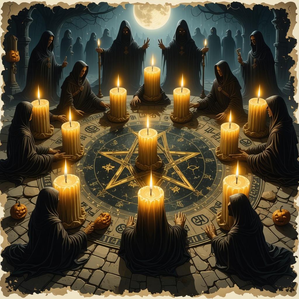Illustration of a Halloween ritual circle with candles and mystical symbols surrounded by ghostly shadows