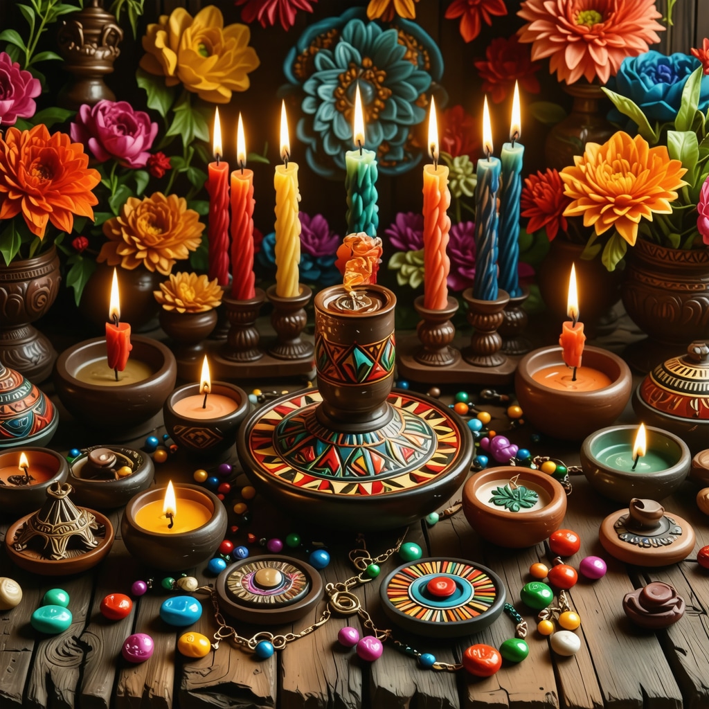 Colorful Mexican ritual with candles, amulets, and traditional symbols, vibrant and spiritual atmosphere