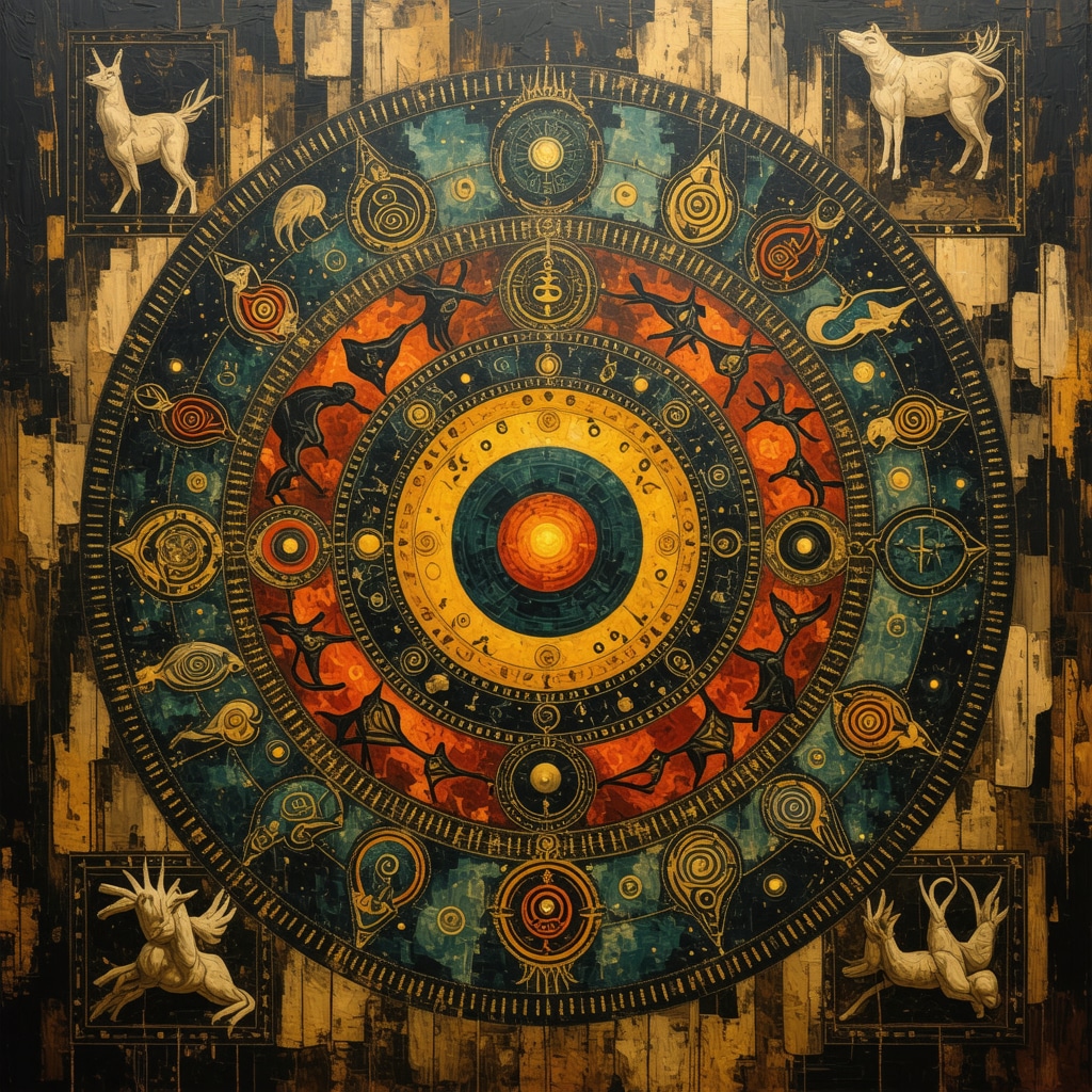 Ceremonia ancestral con animales y símbolos espirituales en un entorno natural