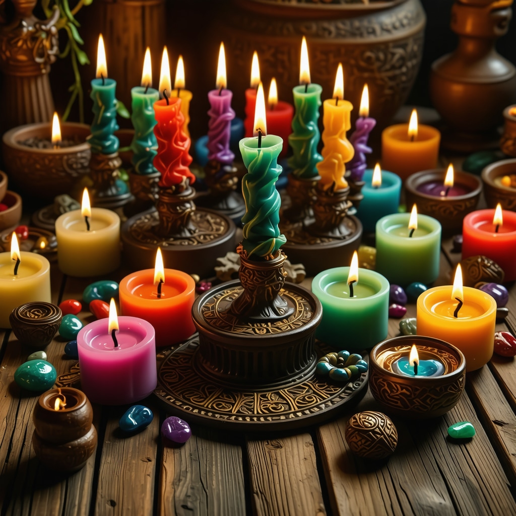Ritual ancestral con velas y símbolos de colores en un entorno místico