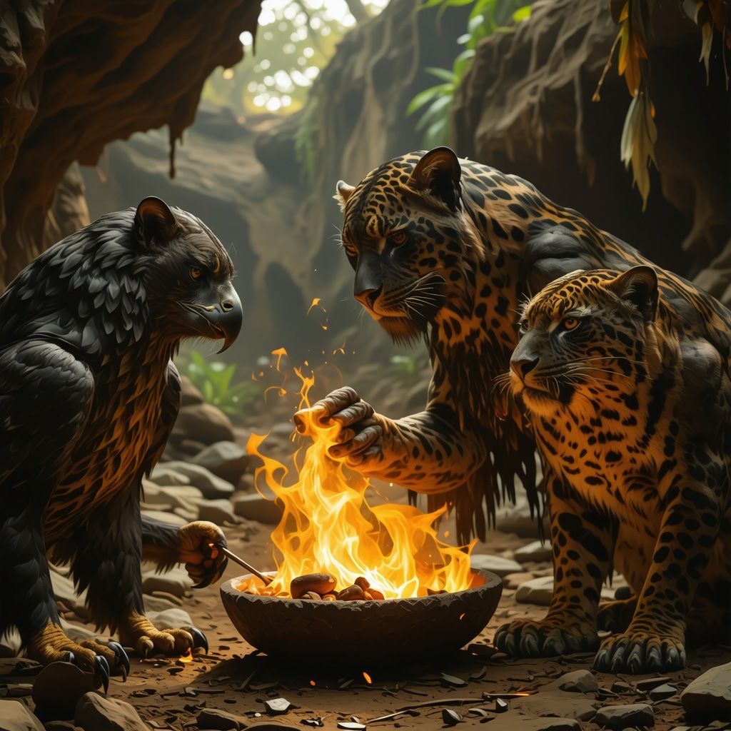 Ceremonia ancestral con jaguar y águila, símbolos de protección y energía positiva