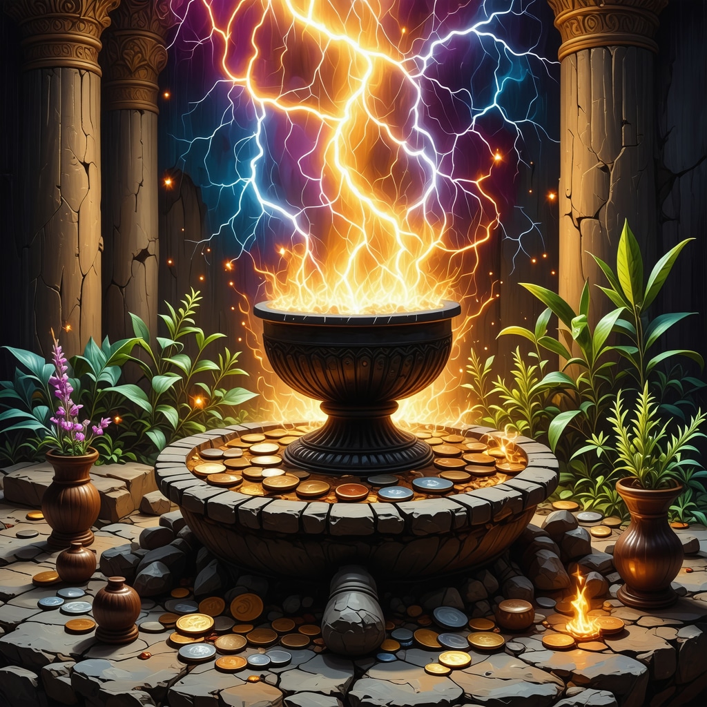 Representación artística de un ritual antiguo con truenos y objetos de abundancia en un altar espiritual.