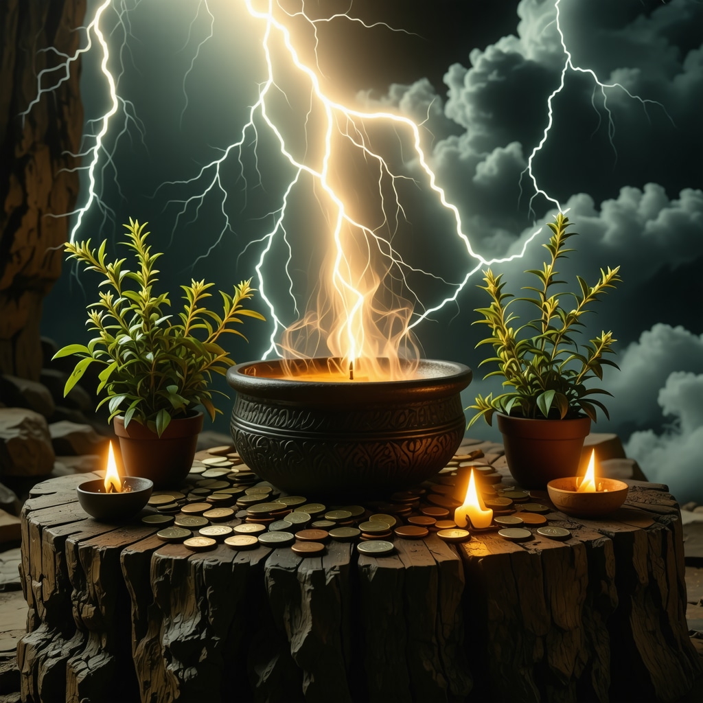 Altar ritual con símbolos de prosperidad durante una tormenta con truenos