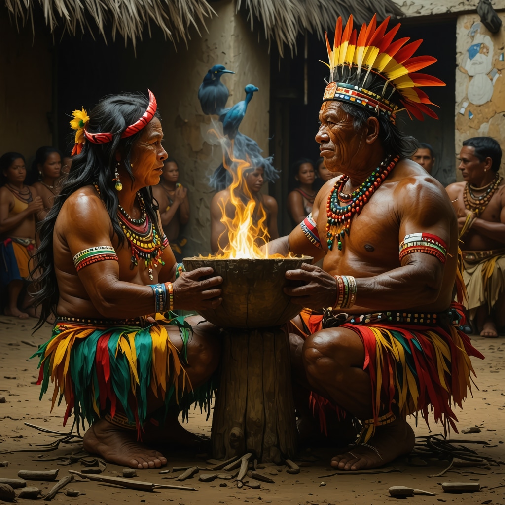 Escena de un ritual ancestral paraguayo con presencia de espíritus y símbolos culturales