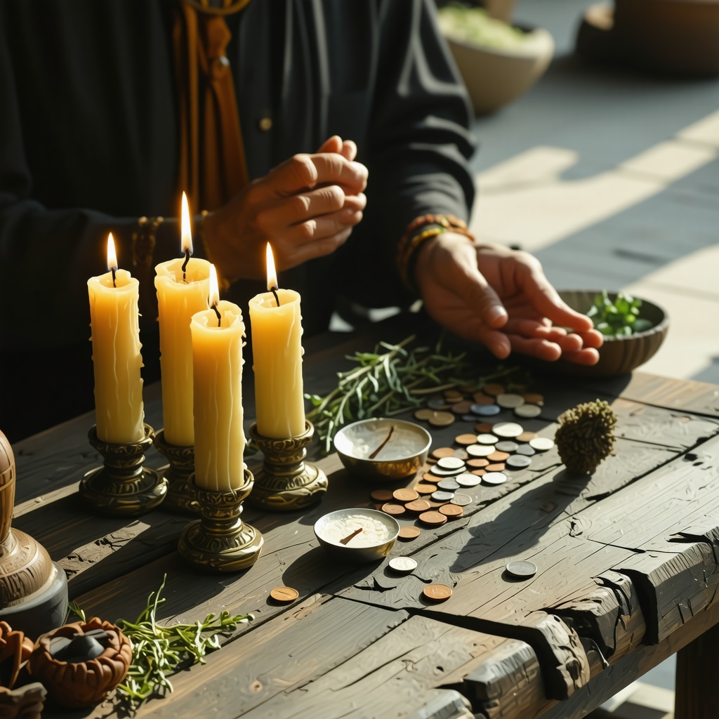 Persona realizando ritual con velas, hierbas y monedas en altar diurno