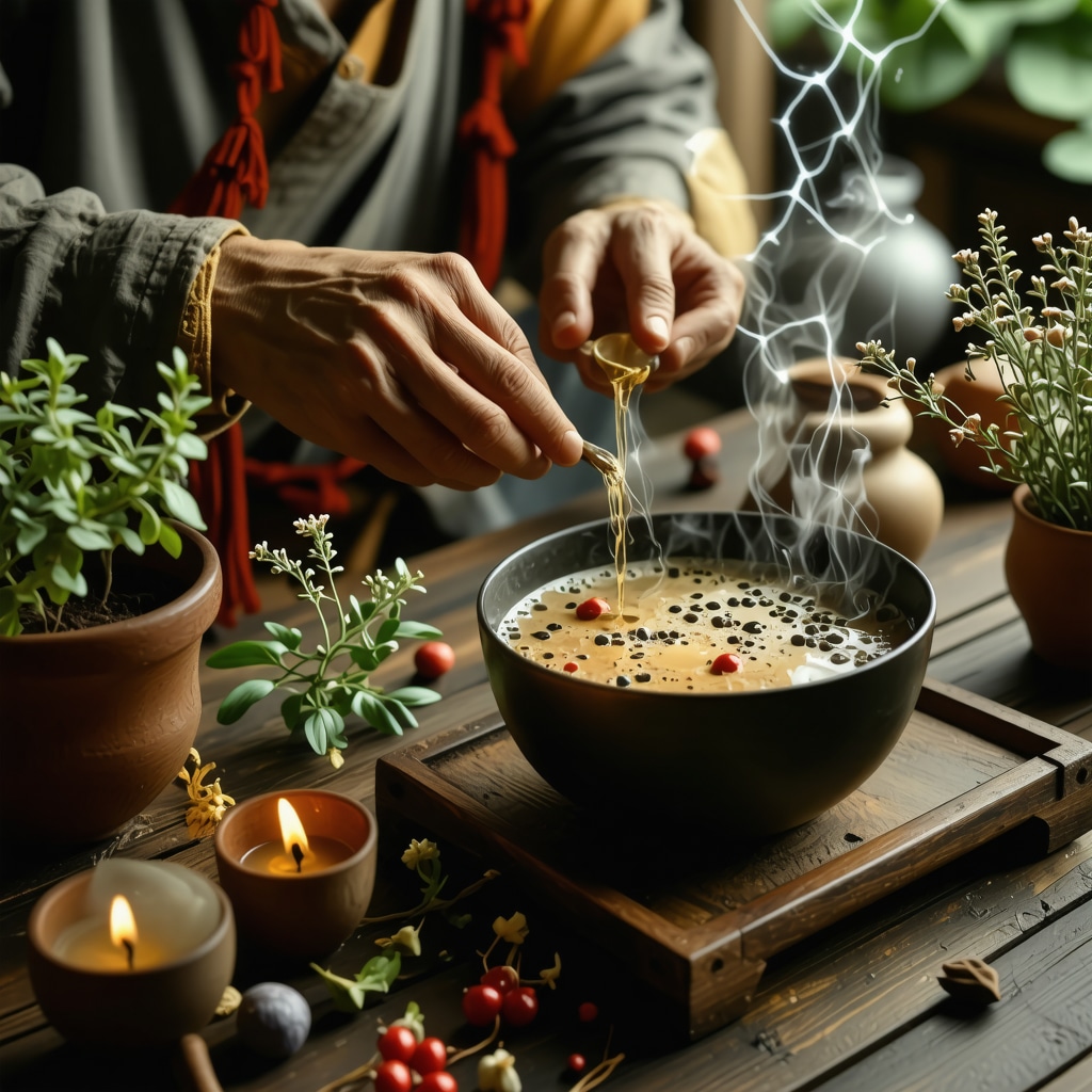 Person preparing a traditional ritual beverage surrounded by symbolic herbs and an artistic overlay of neural pathways