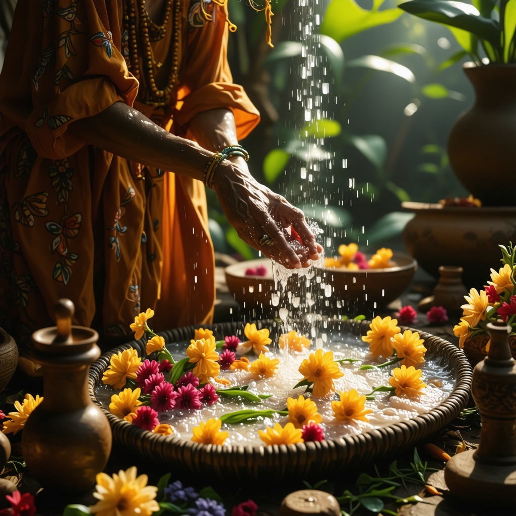 Persona realizando un baño ritual con flores y amuletos simbólicos en un ambiente natural y espiritual