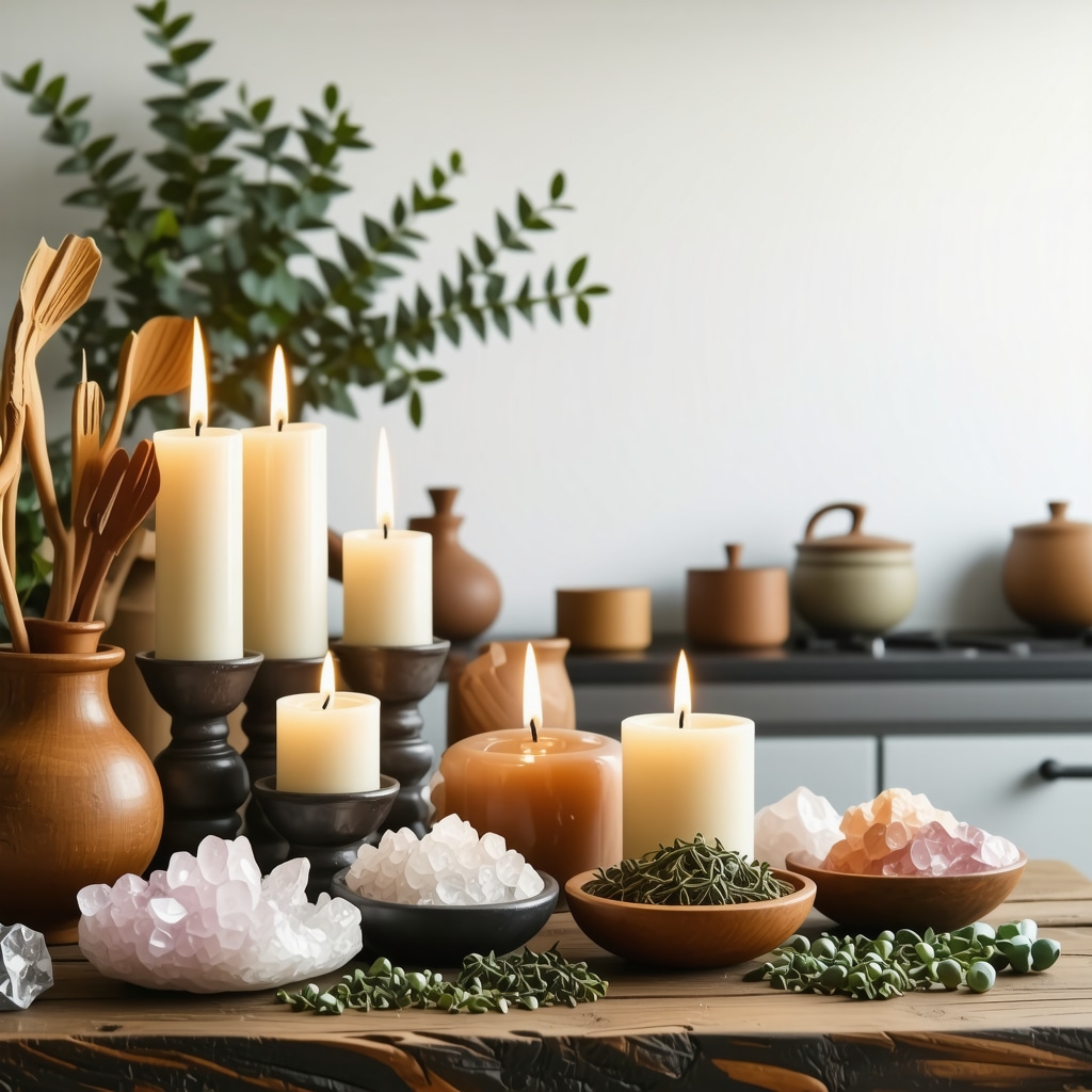 Cocina decorada con símbolos de prosperidad, velas y cristales para rituales de abundancia