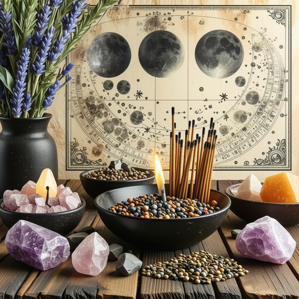 Ritual con incienso encendido, fases lunares y hierbas para atraer prosperidad y protección energética