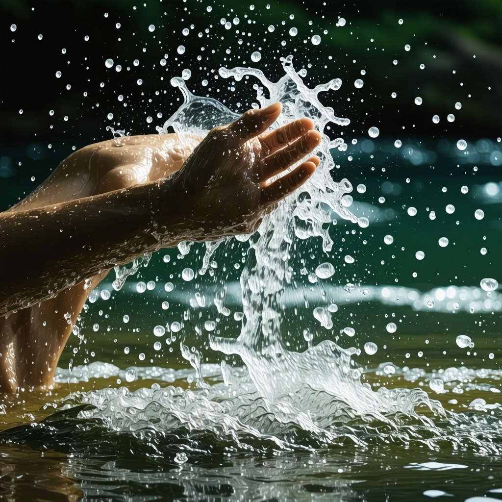 Persona realizando un ritual de agua en un entorno natural, simbolizando sanación espiritual y conexión con la naturaleza.