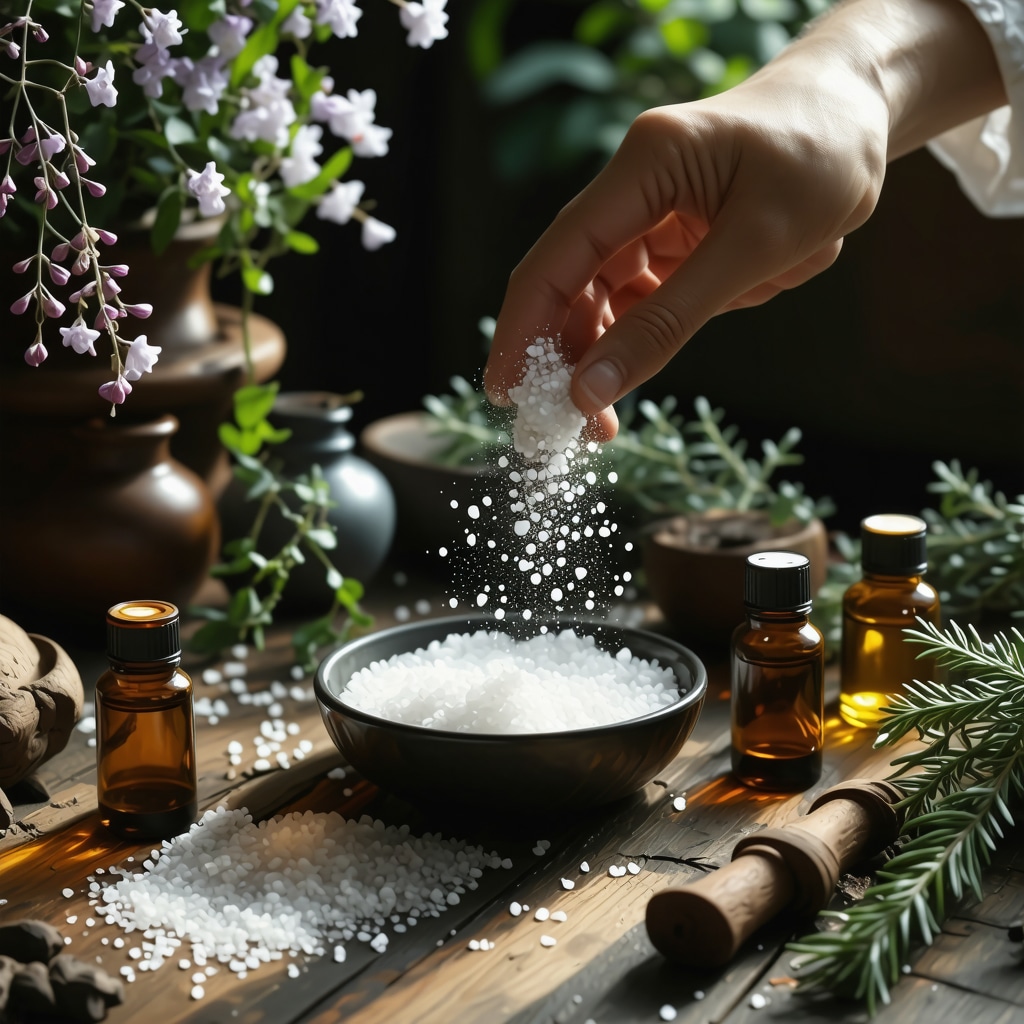 Mano esparciendo cristales de sal marina en las esquinas de una habitación iluminada suavemente con hierbas y aceites esenciales alrededor