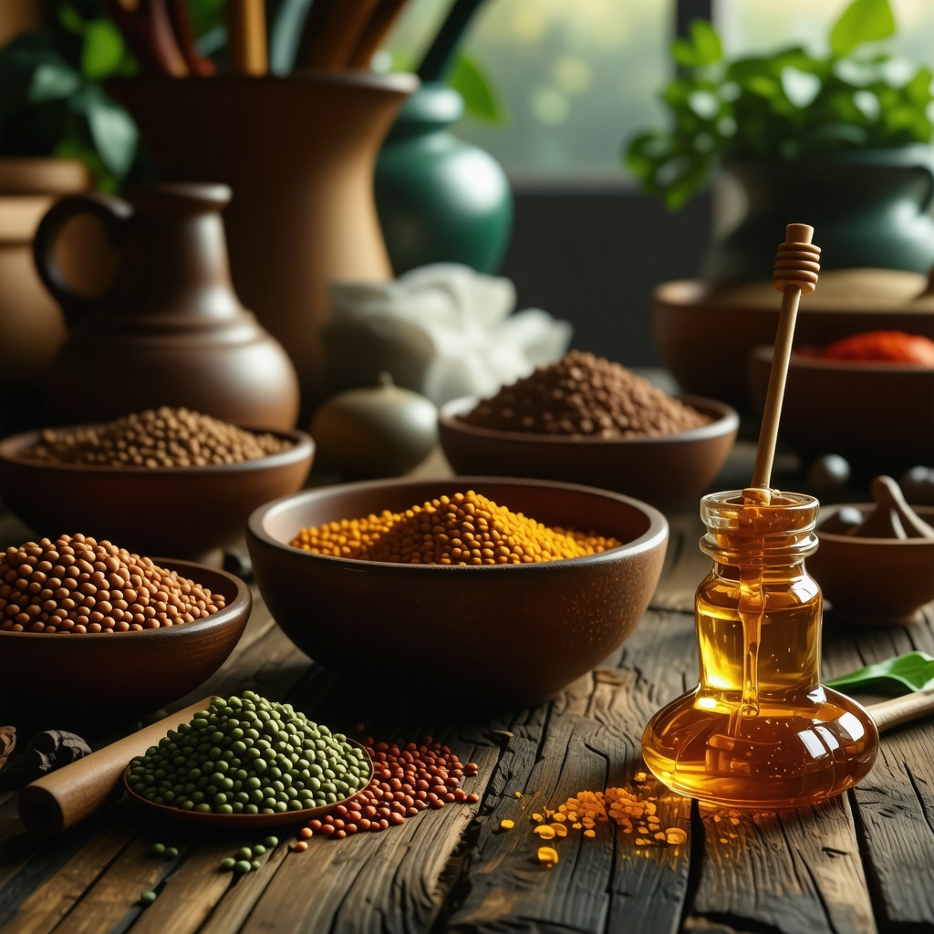 Traditional foods used in prosperity rituals, including lentils, honey, and spices, arranged on a rustic table.
