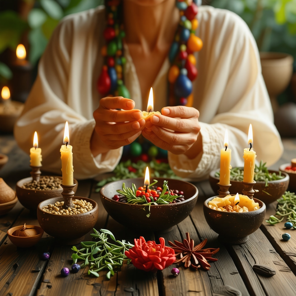 Persona realizando ritual de prosperidad con velas verdes y hierbas