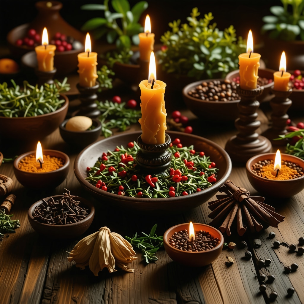 Ritual cultural de protección con hierbas y símbolos en un viaje