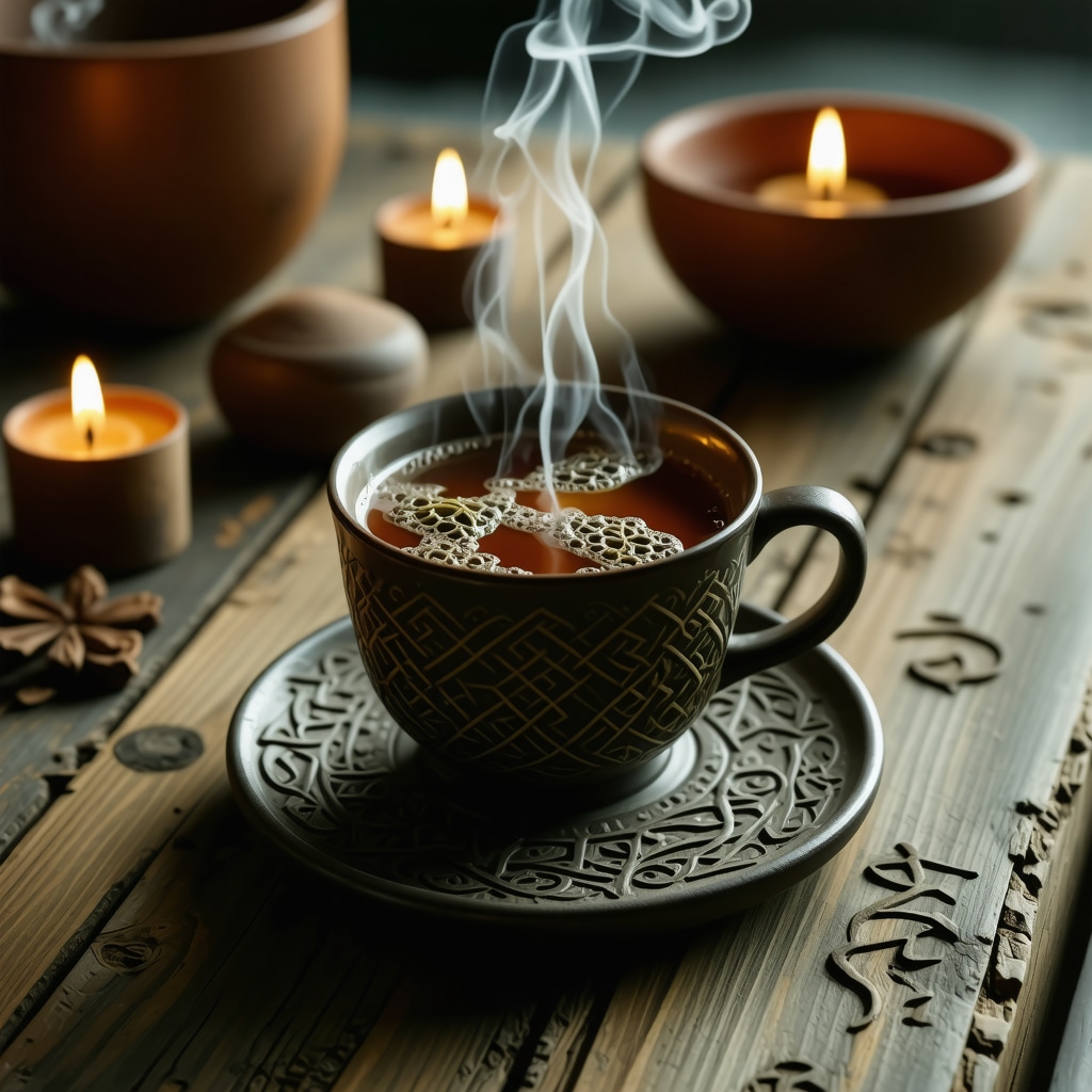 A steaming herbal infusion cup with Celtic stone carvings and incense smoke creating a spiritual ritual atmosphere