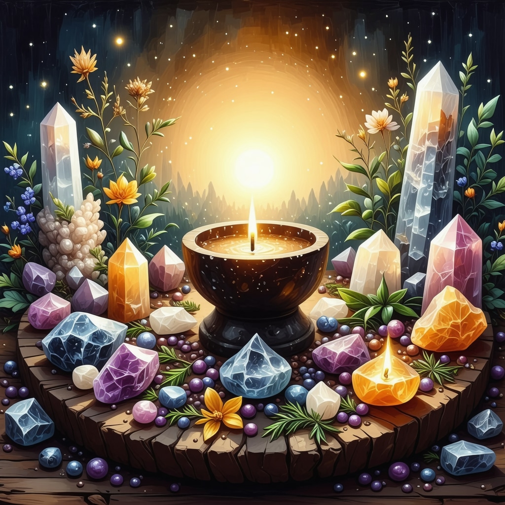 Ritual espiritual con cristales y símbolos de abundancia al amanecer Ilustración de un ritual espiritual con cristales, hierbas y símbolos de prosperidad en la madrugada