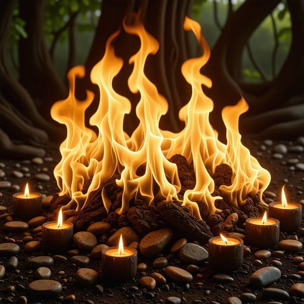 Ritual de fuego con símbolos espirituales y llamas que representan transformación interna