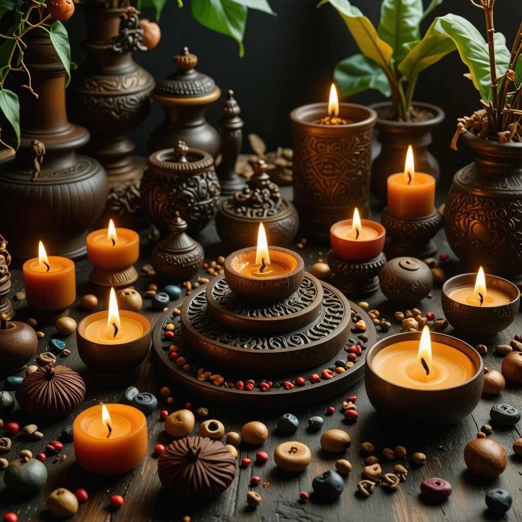 Scene of modern spiritual ritual using everyday objects and symbols for prosperity