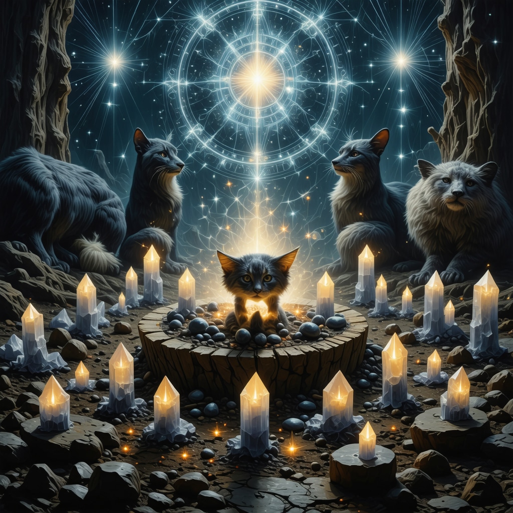 Ritual moderno con símbolos animales y cristales Ritual con símbolos animales, cristales y resonancia vibratoria en un espacio sagrado.