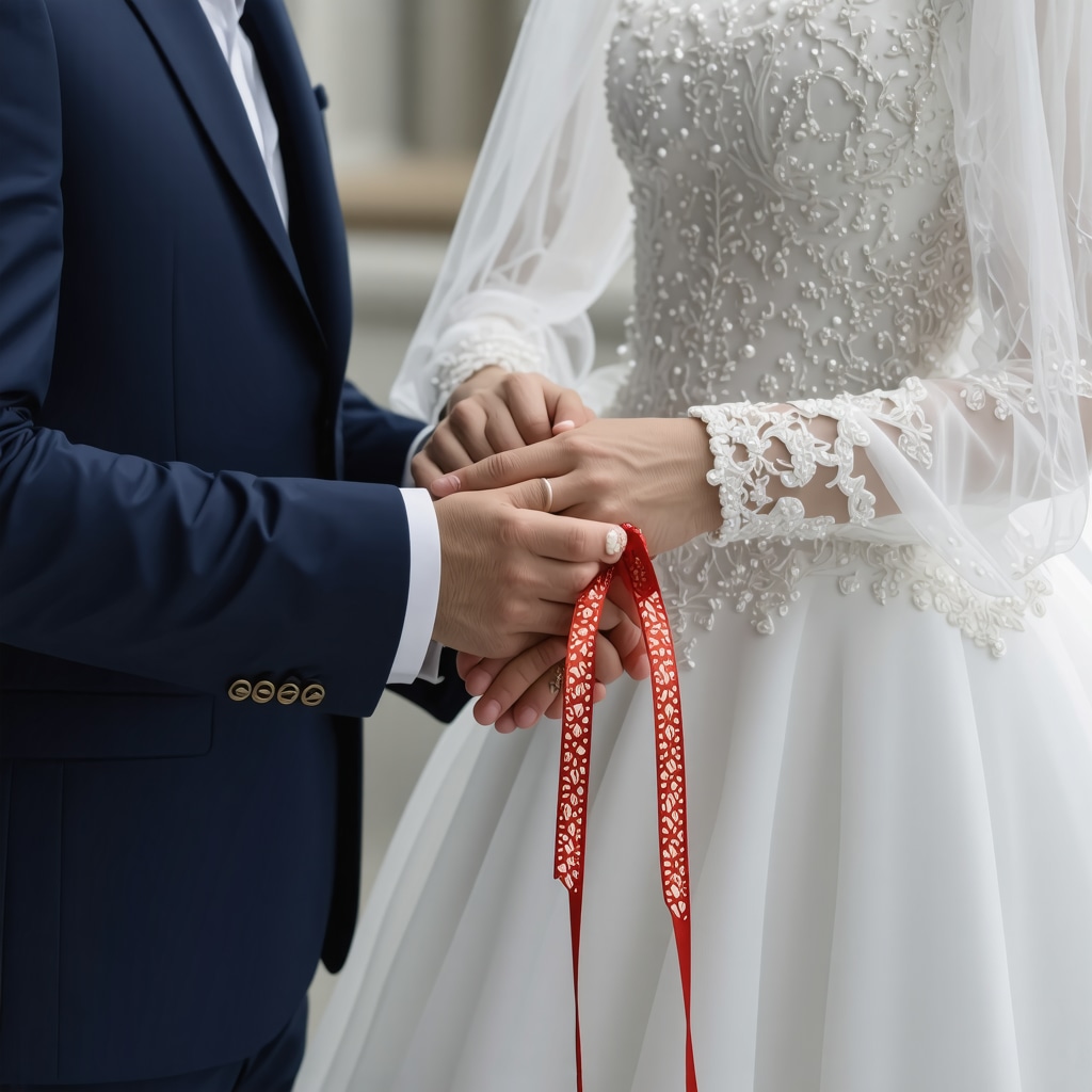 Bride and groom in Russian wedding ritual binding their hands with a ribbon symbolizing unity