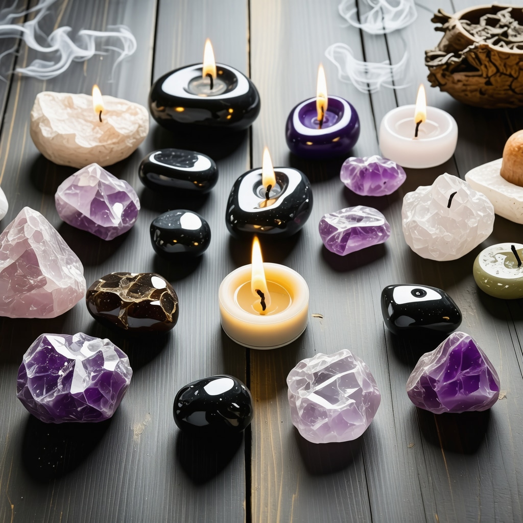 Mystical stones including quartz, amethyst, and black tourmaline arranged with candles and incense for spiritual ritual