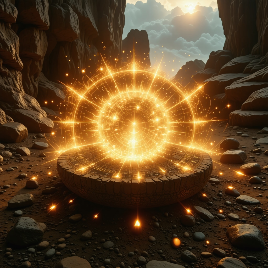 Ceremonia antigua con símbolos solares y luz dorada