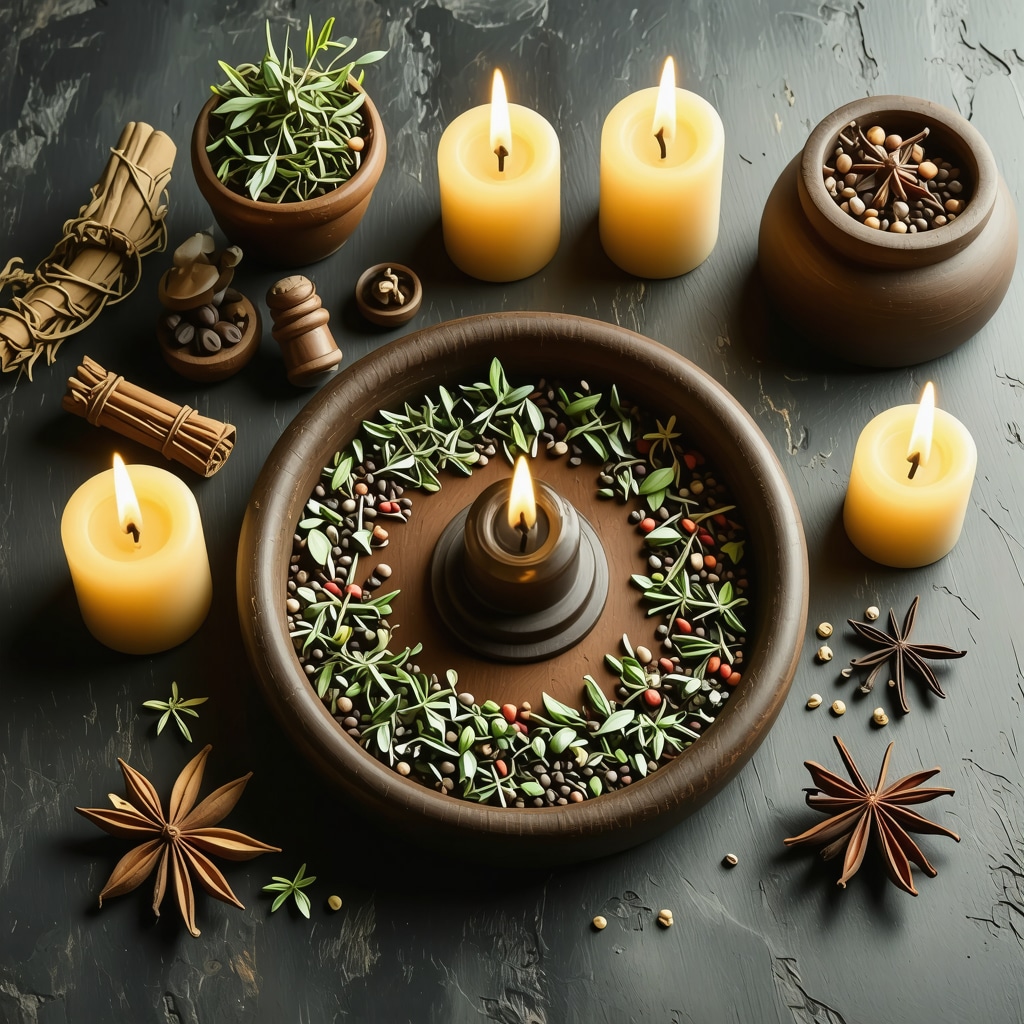 Ritual de prosperidad con hierbas, velas y símbolos ancestrales
