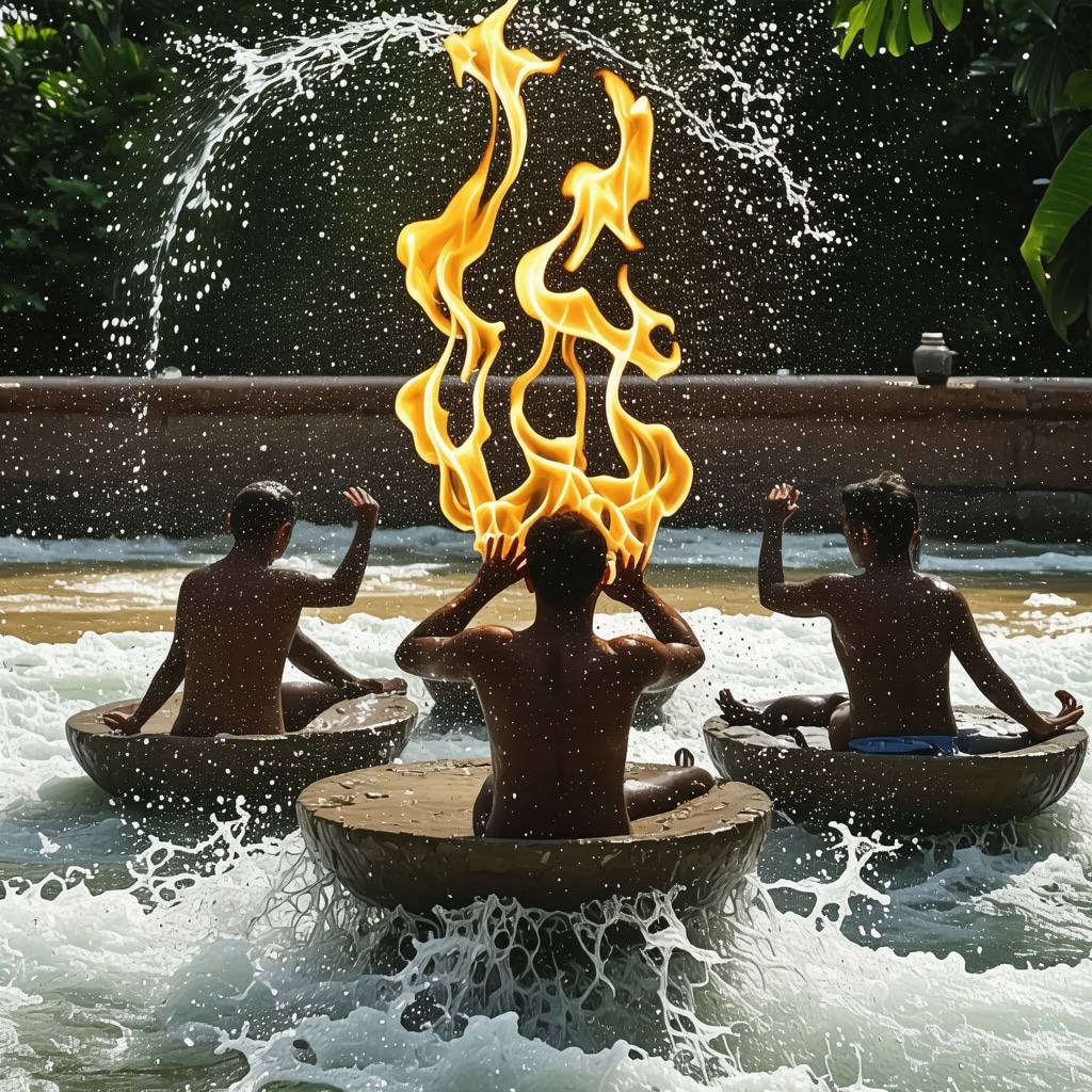 Rituales tradicionales en Paraguay con agua, fuego, tierra y viento en un entorno natural