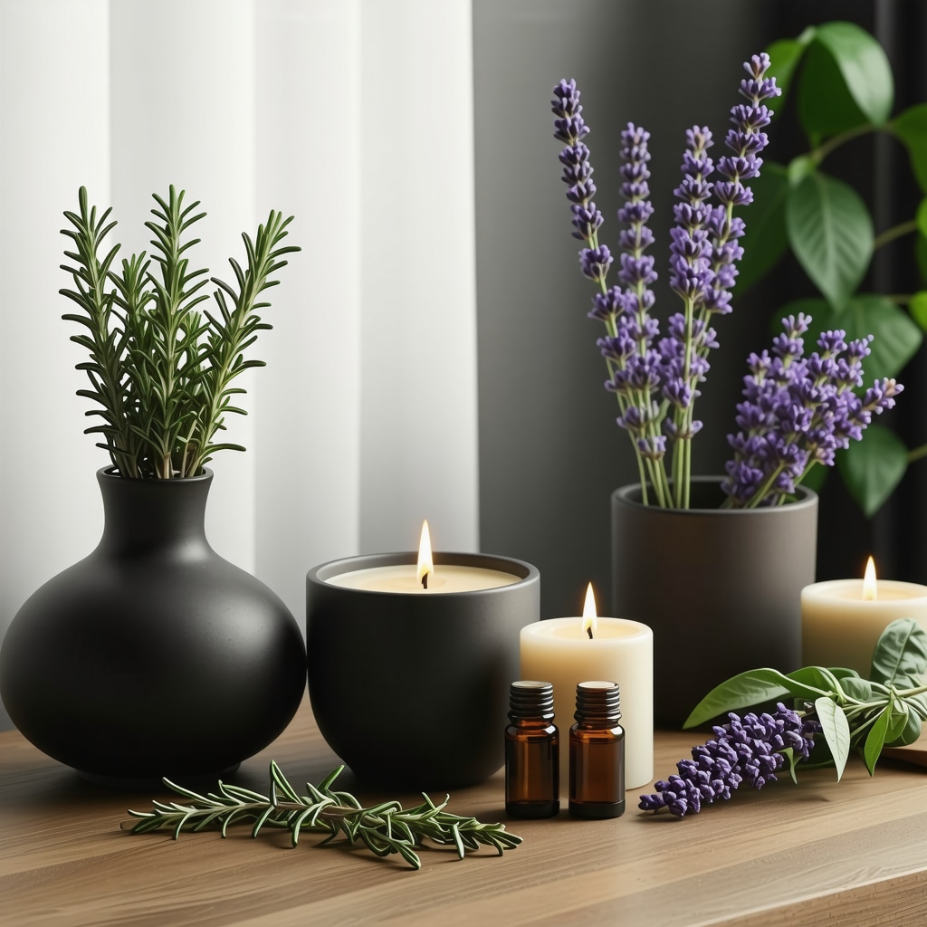 Fresh herbs such as rosemary, basil, lavender, and sage arranged with candles and essential oil diffuser for a ritual