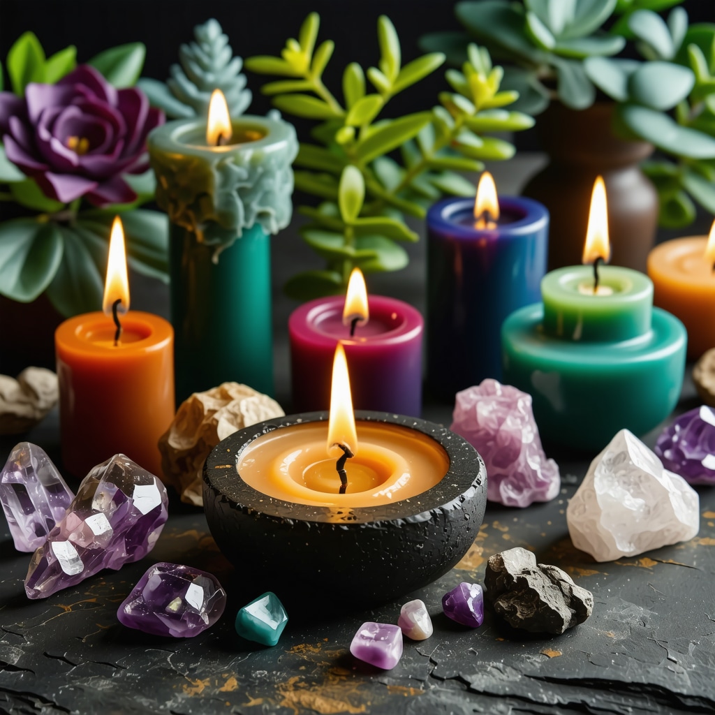 Colorful ritual objects including candles, crystals, and plants used in prosperity rituals